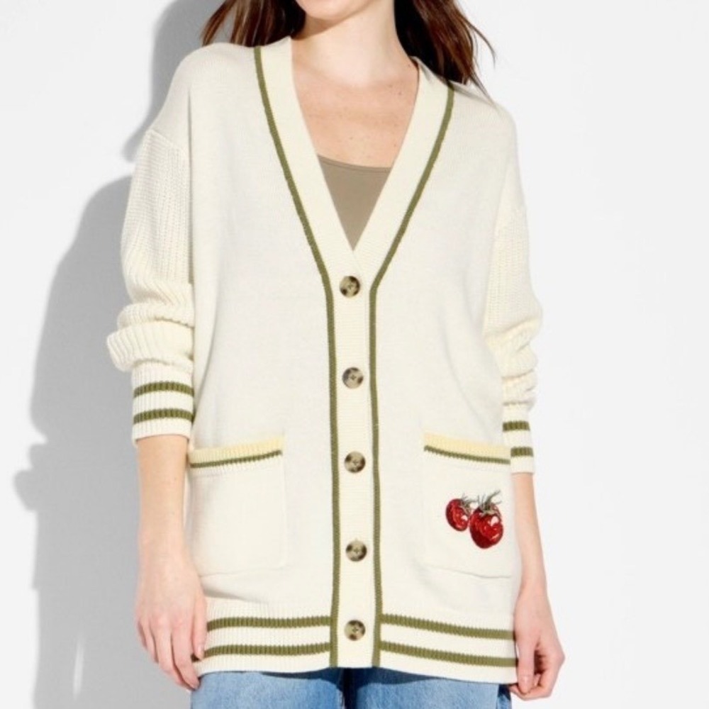 33 Degrees Women Tomato Sweet & Tangy Graphic Oversized Knit Cardigan Cream M - Picture 6 of 7
